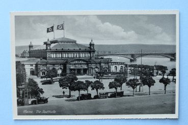 Ansichtskarte AK Mainz 1933-1945 Stadthalle Fahnen Weltkrieg Beflaggung Autos Brücke Architektur Ortsansicht Rheinland Pfalz